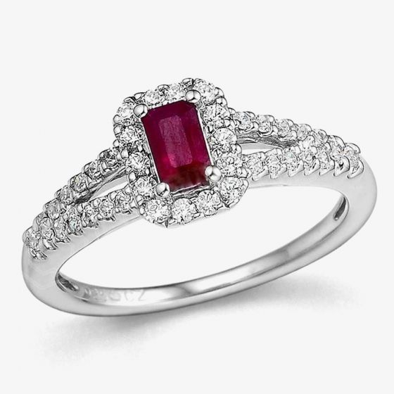 9ct White Gold Ruby and Diamond Baguette Cluster 0.70ct Ring 14.10912.003