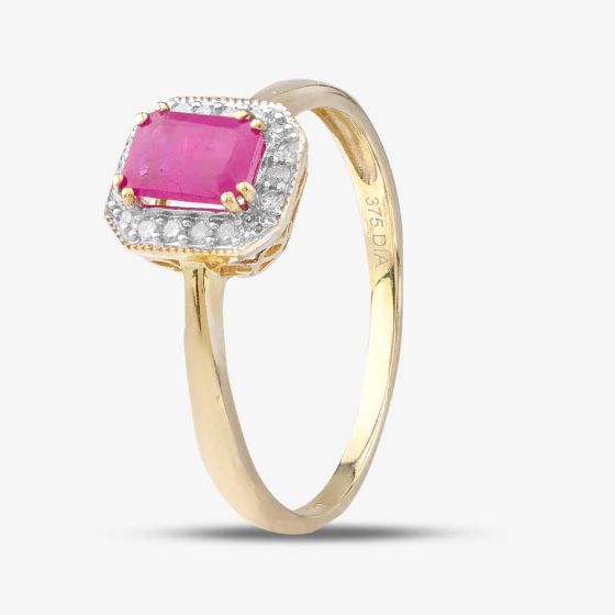 9ct Yellow Gold Ruby & 0.08ct Diamond Halo Ring DR1619YRU N