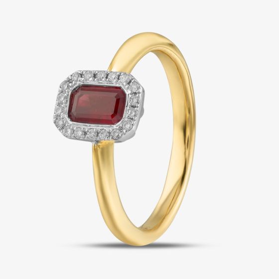 18ct Yellow Gold Emerald Cut Ruby & Brilliant Cut Diamond Halo Ring 18DR334Y-RUBY M