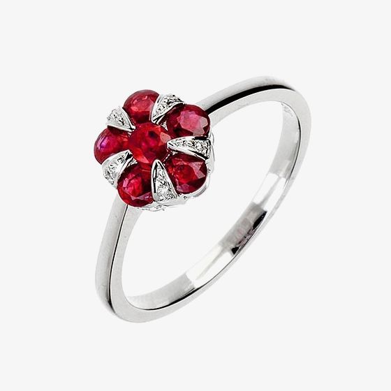 18ct White Gold Diamond and Ruby Cluster Flower Ring 18DR348-R-W