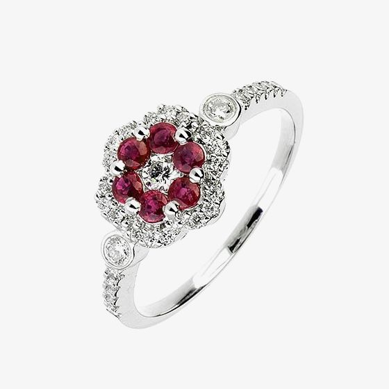 18ct White Gold Ruby and Diamond Flower Cluster Ring 18DR349-R-W