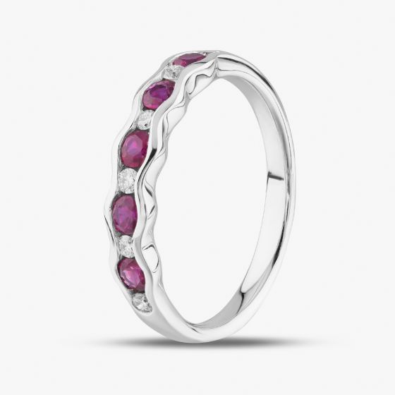 18ct White Gold Brilliant Cut Ruby & Diamond Wave Half Eternity Ring 35367G5 N