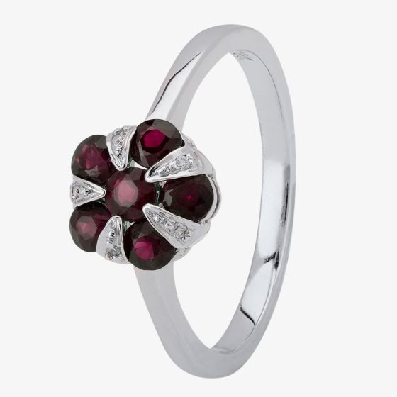 18ct White Gold Ruby and Diamond Flower Cluster Ring 18DR348/R/W