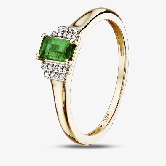 9ct Yellow Gold Baguette Cut Emerald and Diamond Pave Ring GR567G