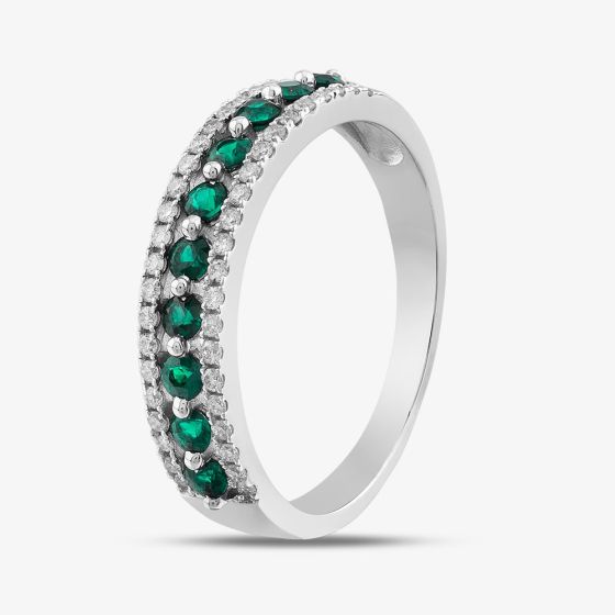 9ct White Gold Emerald & Diamond Three Row Half Eternity Ring PR10669 EM
