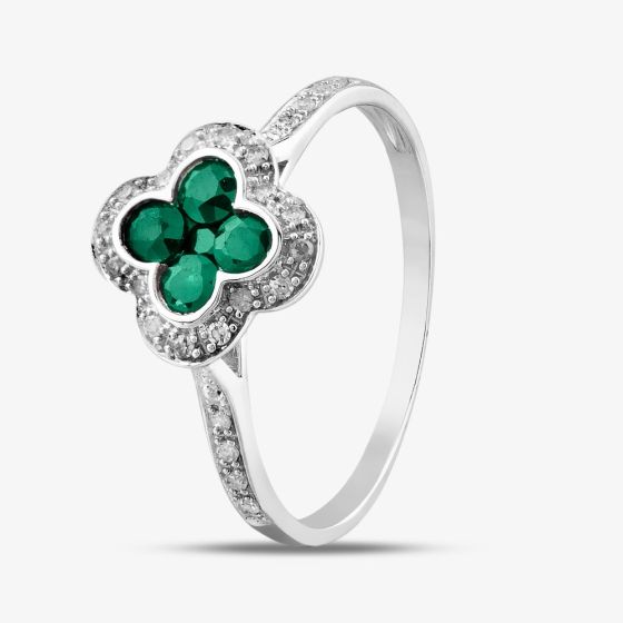 9ct White Gold Emerald & Diamond Quatrefoil Shaped Cluster Ring PR10950 EM