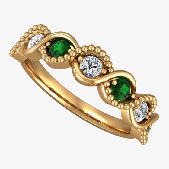 9ct Yellow Gold Emerald and Diamond Twist Half Eternity Ring 9910/9Y/DQ10E