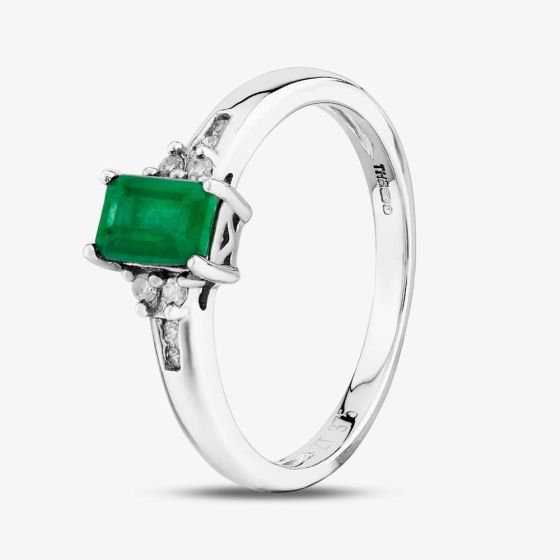  9ct White Gold Oblong Cut Emerald Diamond Shouldered Ring BSR13864-E 9KW 