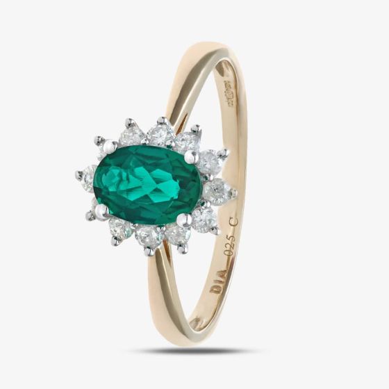 9ct Yellow Gold Oval Emerald & 0.25ct Diamond Cluster Ring PR10470Y EM