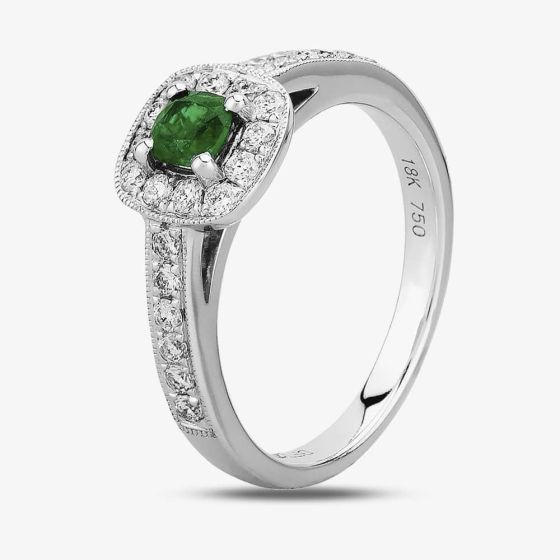 18ct White Gold Vintage Emerald and Diamond Cushion Cluster Ring EC1033/EM/WG