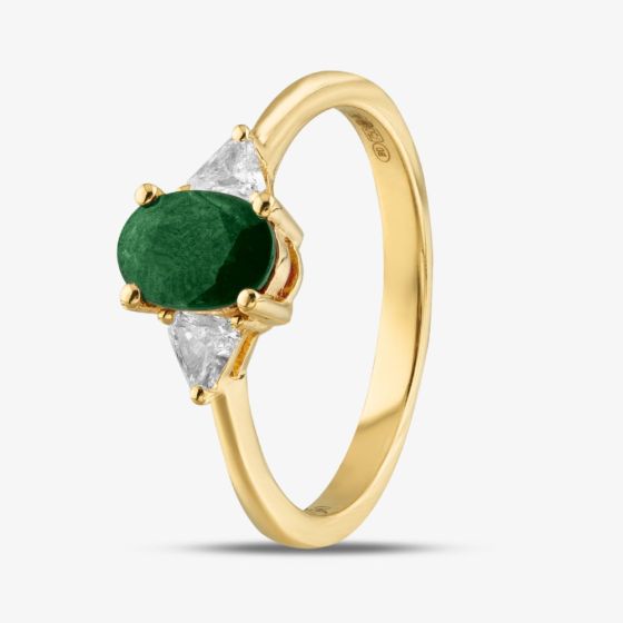 18ct Yellow Gold Oval Cut Emerald & Trillon Cut Diamond Three Stone Ring R12893Y-EM N