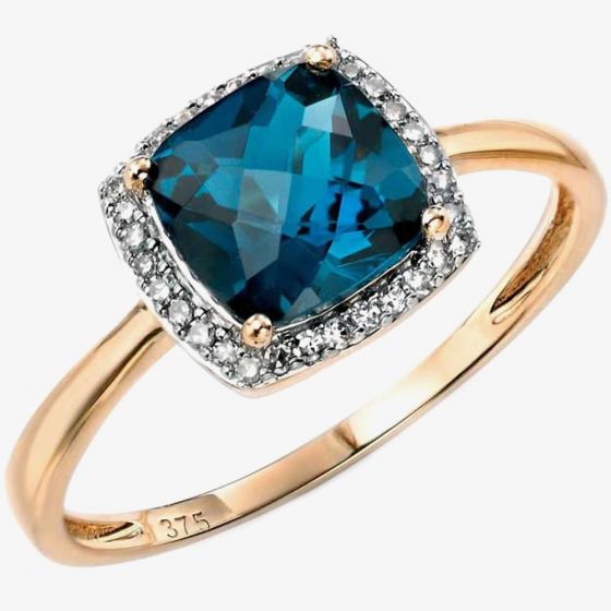 9ct Gold London Blue Topaz Diamond Cluster Ring GR453T