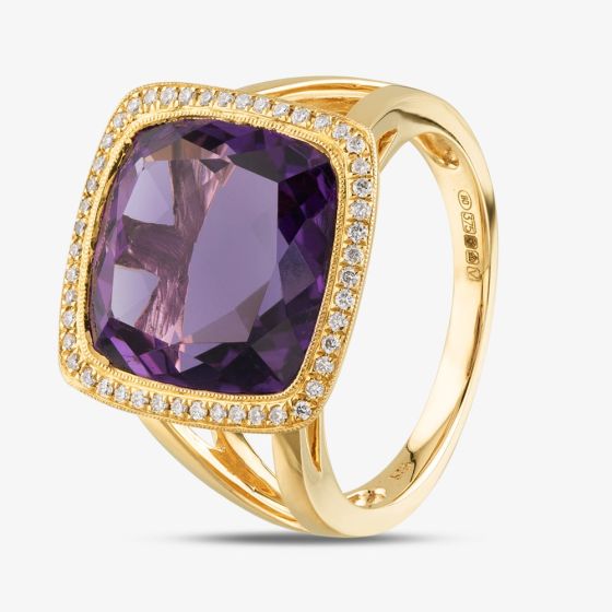 9ct Yellow Gold Cushion Cut Amethyst & Brilliant Cut Diamond Shoulder Set Halo Ring R26620Y-AMY P