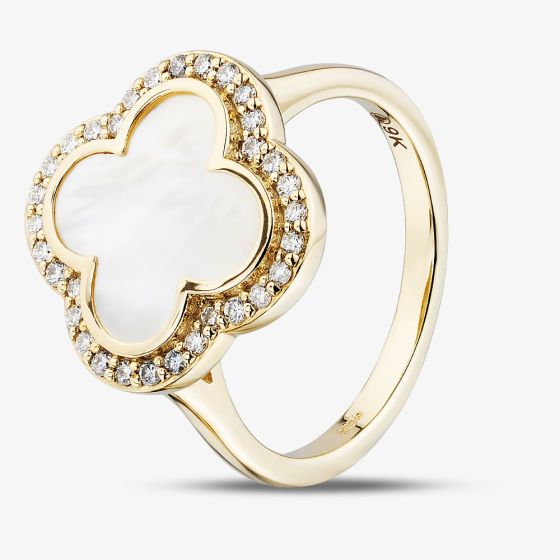 9ct Yellow Gold Mother Of Pearl & Diamond Clover Dress Ring 52H51-10