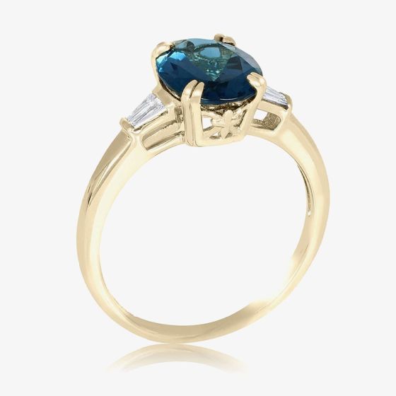 9ct Yellow Gold Oval Cut Blue Topaz Diamond Shoulder Ring DOM348