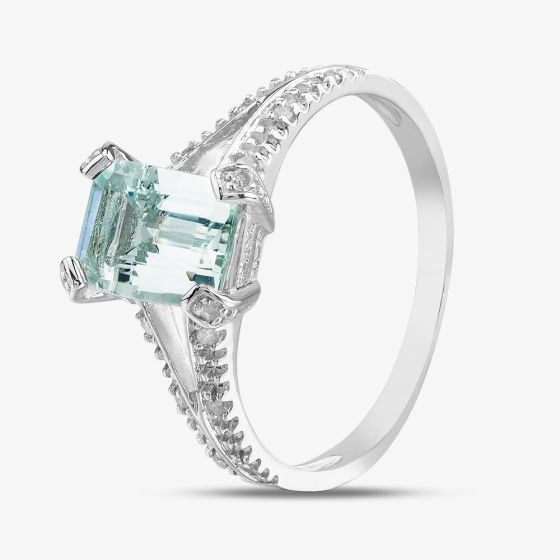 9ct White Gold Emerald Cut Aquamarine & Diamond Split Shoulders Ring PR07262W AQ