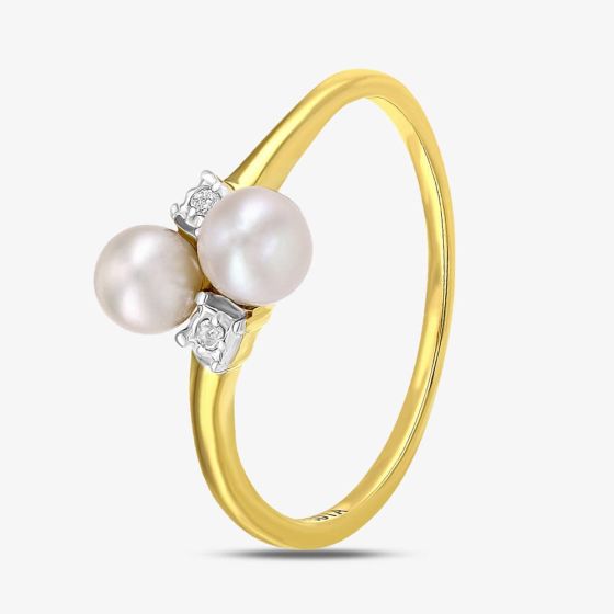 9ct Yellow Gold Pearl & Diamond Cross Over Ring PR12591YPRL