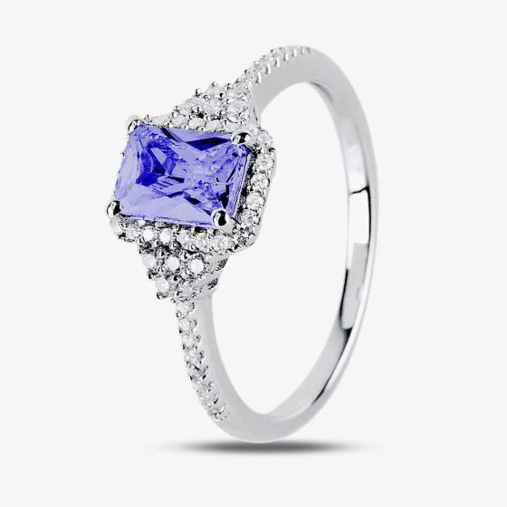 9ct White Gold Emerald-Cut Tanzanite and Diamond Cluster Ring BSR13865-TA