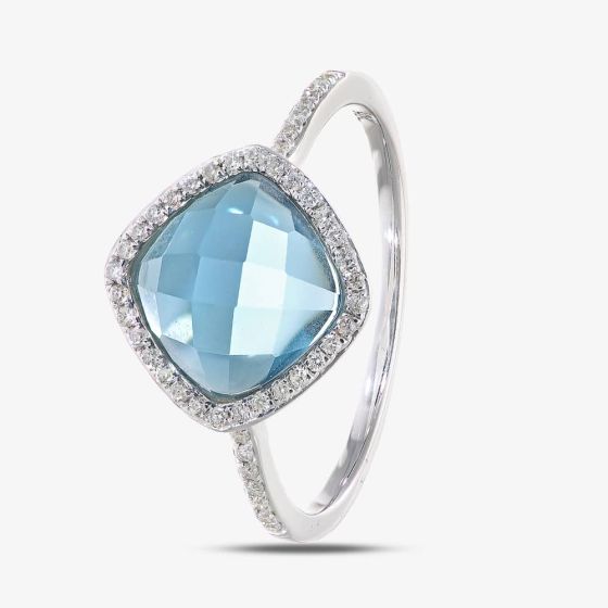 9ct White Gold Cushion Cut Blue Topaz Diamond Set Shoulder Ring DR1503W BT