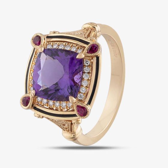 Ungar & Ungar 18ct Rose Gold Cushion Amethyst Diamond & Ruby Fancy Shoulder Cluster Ring  8RR31671DRuAm