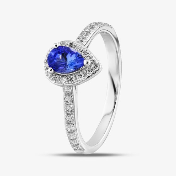 18ct White Gold Pear Cut Tanzanite & Diamond Shoulder Set Halo Ring R57198W-TZ M