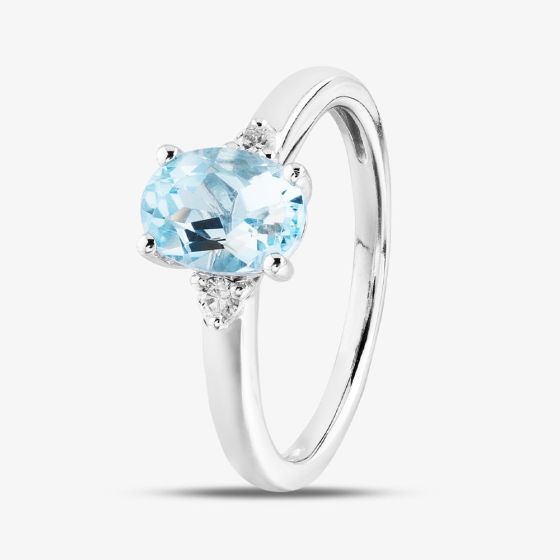 18ct White Gold Oval Cut Aquamarine & Brilliant Cut Diamond Three Stone Ring R28085-AQ M