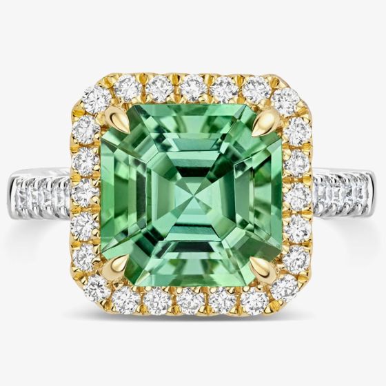 Tivon 18ct Gold Cushion-Cut Green Tourmaline & Diamond Cluster Ring RTT-1957-GT