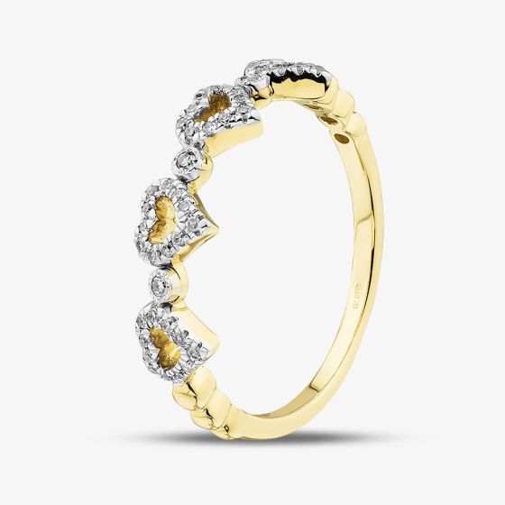 9ct Yellow Gold 0.10ct Brilliant Cut Pave Set Diamond Multi Heart Ring THR29464-10