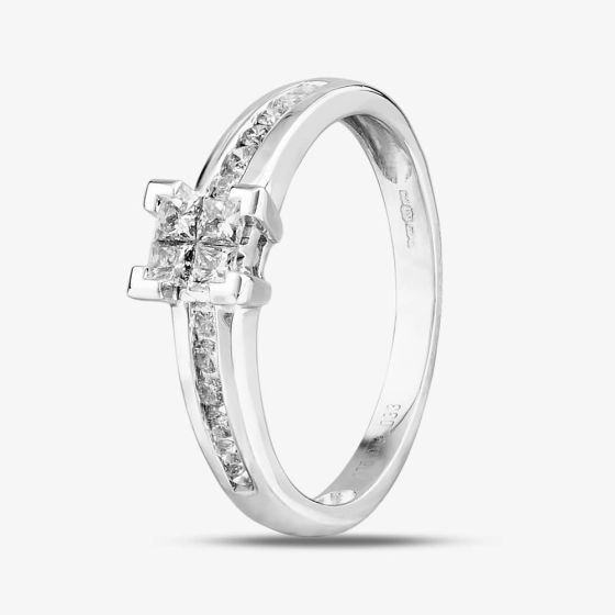 9ct White Gold Princess Cut Diamond Shoulder Set Cluster Ring PR3670W