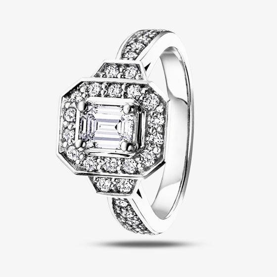 18ct White Gold 1.00ct Certificated Emerald-cut Diamond Halo Ring 3139WG/100-18
