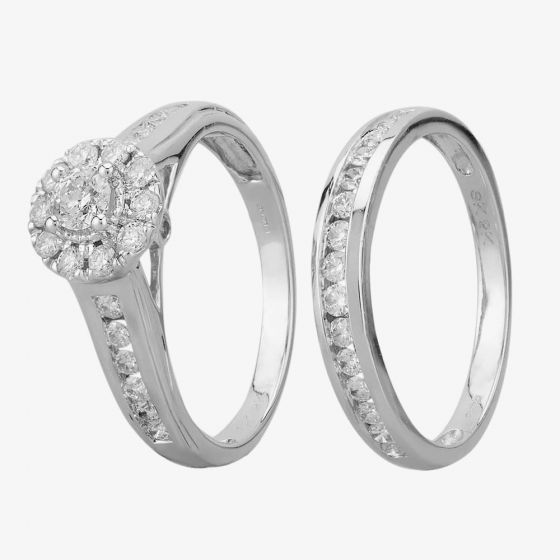 9ct White Gold 1.00ct Diamond Cluster Halo Bridal Set TH011791R