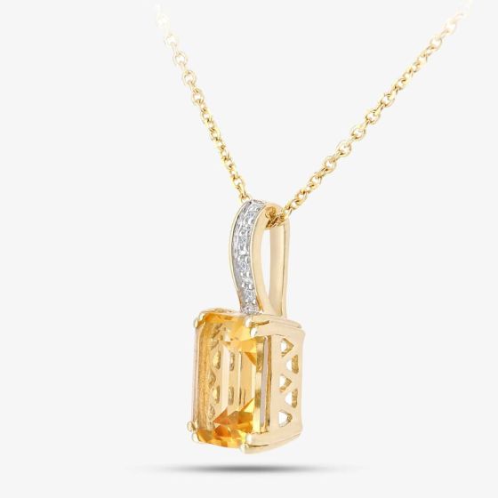 9ct Yellow Gold Cushion Cut Citrine & Diamond Set Pendant Necklace DP1600Yct
