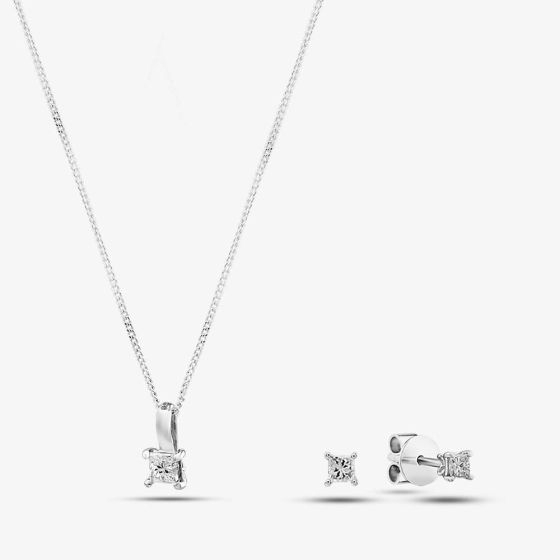  9ct White Gold Diamond Pendant & Stud Earrings Jewellery Set BMXH