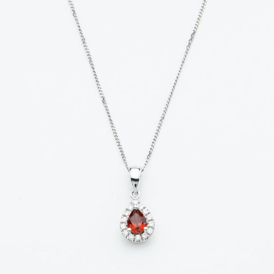 9ct White Gold 0.40ct Pear Cut Garnet & Diamond Halo Pendant Necklace NTP409PEAR-GARD-9WG