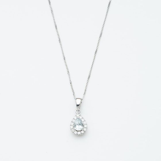 9ct White Gold 0.28ct Pear Cut Aquamarine & Diamond Halo Pendant Necklace NTP409PEAR-AQD-9WG