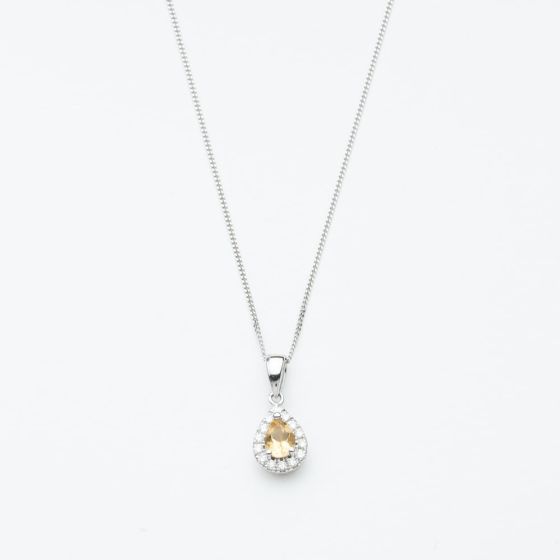 9ct White Gold 0.32ct Pear Cut Citrine & Diamond Halo Pendant Necklace NTP409PEAR-CITD-9WG