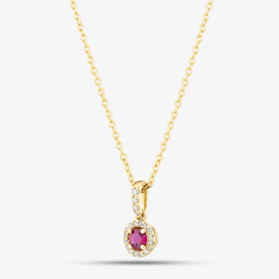 9ct Yellow Gold 0.20ct Brilliant Cut Ruby & 0.08ct Diamond Halo Necklace WWW2832