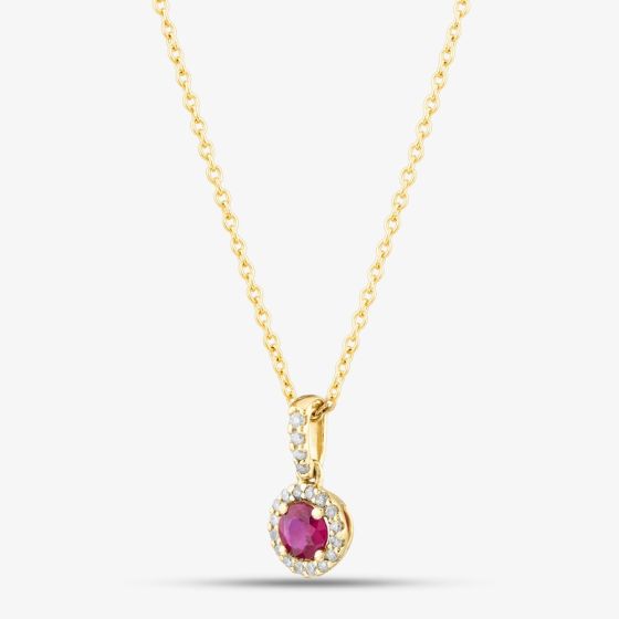 9ct Yellow Gold 0.38ct Brilliant Cut Ruby & 0.10ct Diamond Halo Necklace WWW2367
