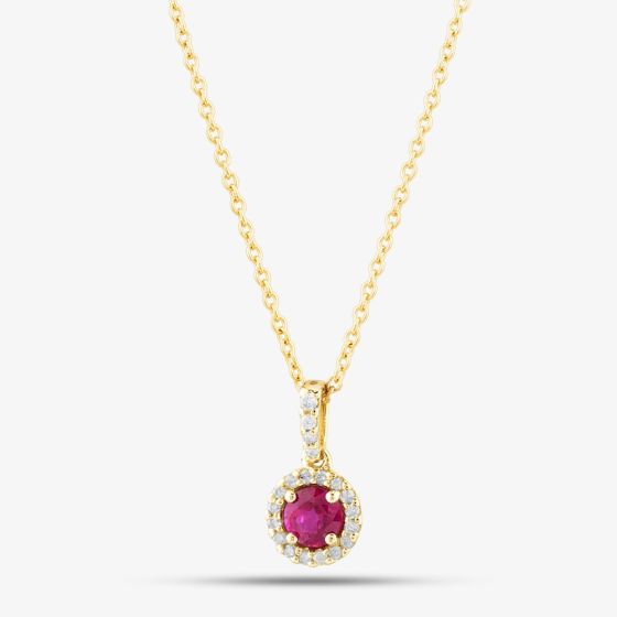 9ct Yellow Gold 0.51ct Brilliant Cut Ruby & 0.13ct Diamond Halo Necklace WWW2387