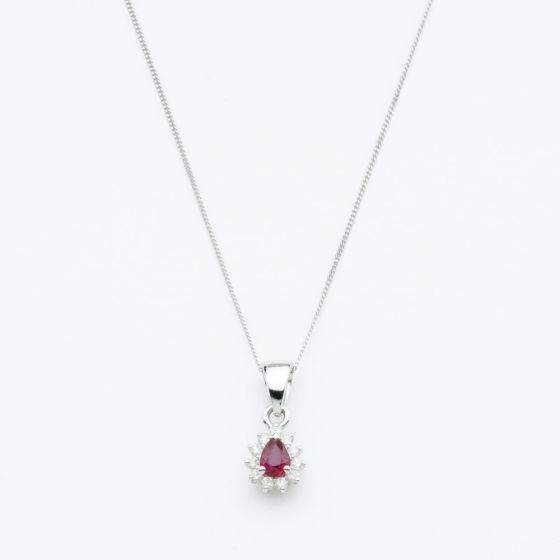 9ct White Gold Pear Cut Ruby & Diamond Cluster Pendant Necklace WWW3580P (5.13.0024)