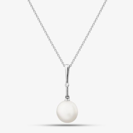 9ct White Gold Freshwater Pearl & Diamond Bar Pendant Necklace POZ80125DD