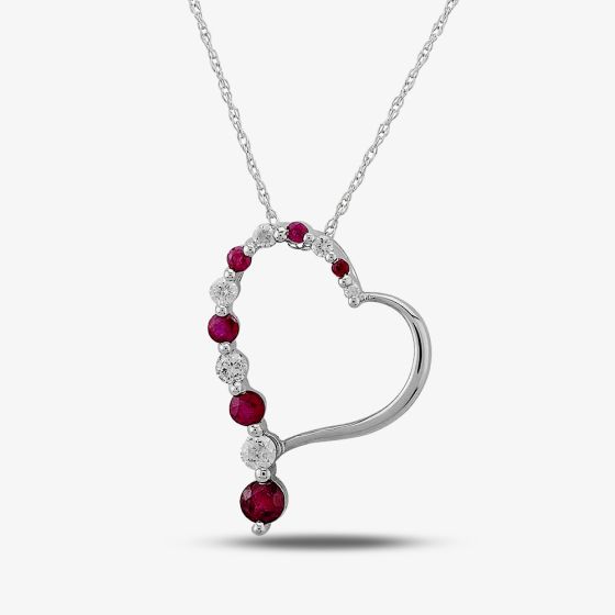 9ct White Gold Diamond Ruby Open Heart Pendant TP10133 9KW-RUBY
