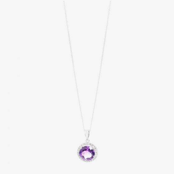 9ct White Gold Round Amethyst and Diamond Halo Pendant DAP451W