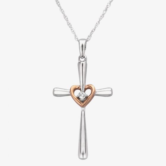 9ct Two Tone Gold 0.01ct Diamond Cross And Heart Pendant TH0121843