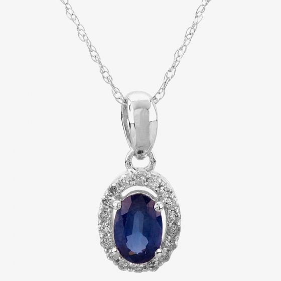 9ct White Gold Oval-cut Sapphire and Diamond Cluster Pendant OJS0005P-BS