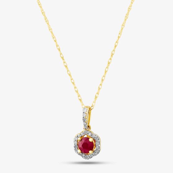  9ct Yellow Gold Ruby & 0.09ct Diamond Halo Pendant Necklace OJP1701-R