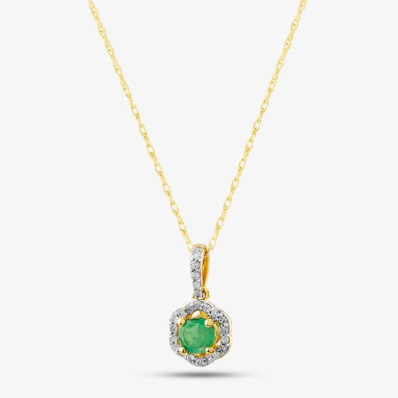 9ct Yellow Gold Emerald & 0.09ct Diamond Halo Pendant Necklace OJP1701-E