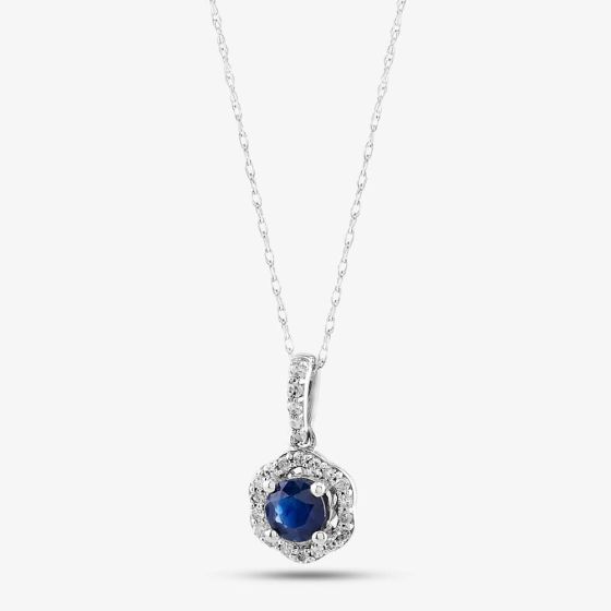  9ct White Gold Sapphire & Diamond Halo Pendant Necklace OJP1701-BS