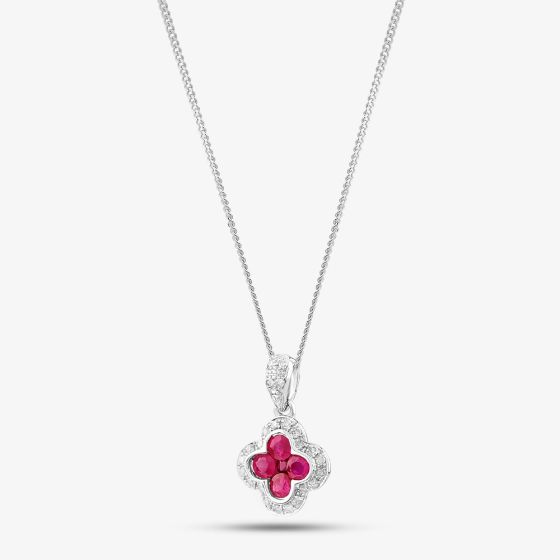 9ct White Gold Ruby and Diamond Quatrefoil Cluster Necklace PP05330 RU