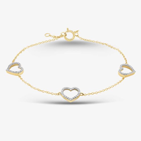 9ct Yellow Gold 0.20ct Brilliant Cut Diamond Open Pave Heart Chain Bracelet THB39619-20NJ (YG)